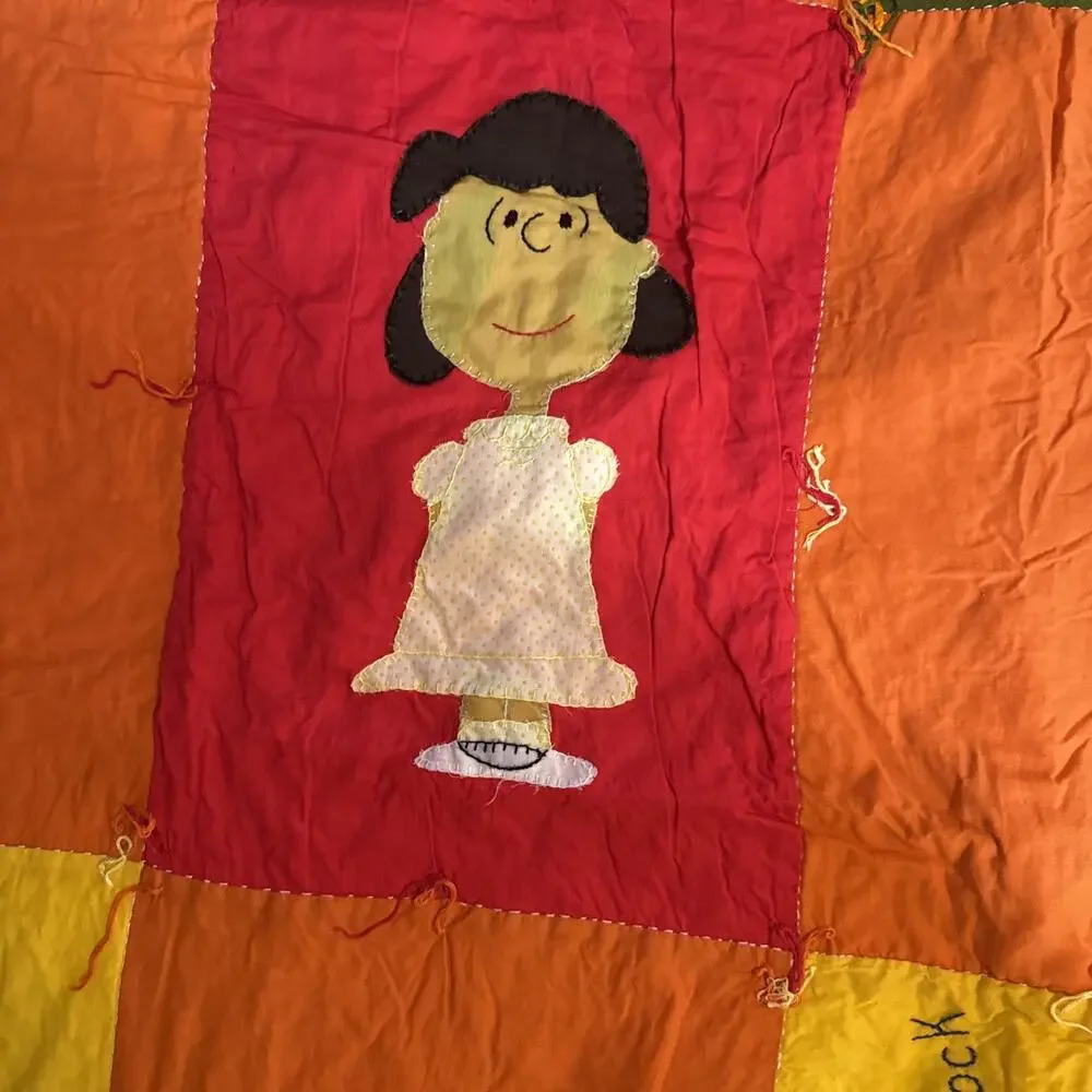Vtg Peanuts Woodstock Charlie Brown Patch Quilt Blanket Double Sided 56” By 82”